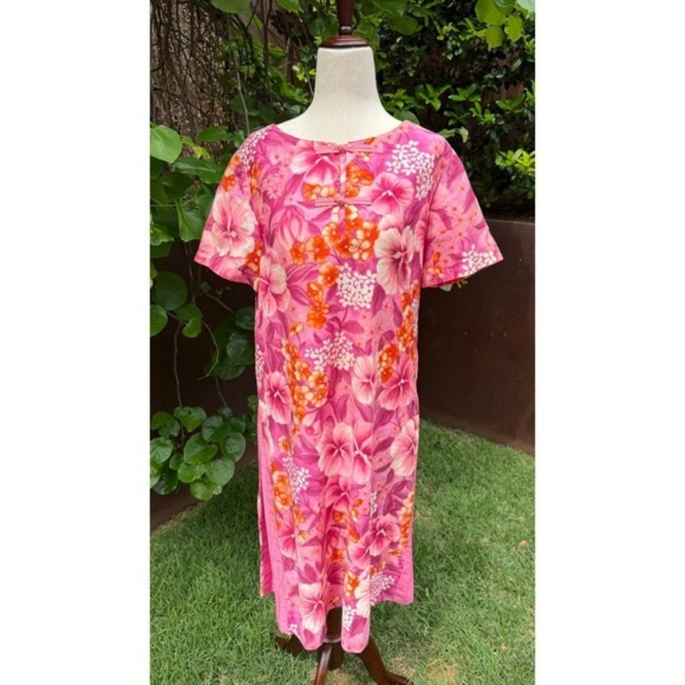 Vtg 60s Kaikamahine Honolulu Hawaiian Hibiscus Shift Dress Fabric Button Bows M
